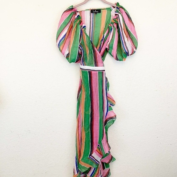 Lulus Bermuda Pink Rainbow Striped Balloon Sleeve Swim Cover Up Womens Small - Picture 4 of 7